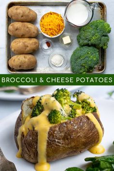 broccoli and cheese potatoes on a plate with the words broccoli and cheese potatoes