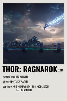 the poster for thor ragnarok is shown in front of a cloudy sky with lightning