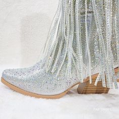 Western Rhinestone Party Boots, Western Style Party Boots With Rhinestones, Western Party Boots With Rhinestones, Embellished Snip Toe Party Boots, Embellished Snip Toe Boots For Party, Party Boots With Rhinestones And Snip Toe, Party Boots With Rhinestone Fringe And Round Toe, Silver High Heel Boots With Rhinestone Fringe, Silver Embellished Boots For Spring