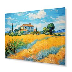 a painting of a house in the middle of a wheat field with trees and bushes