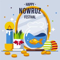 an image of a fish in a bowl with coins around it and the words happy nowruz festival