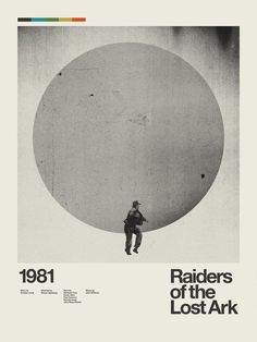 an advertisement with a man standing in front of a giant object that reads raiders of the lost ark