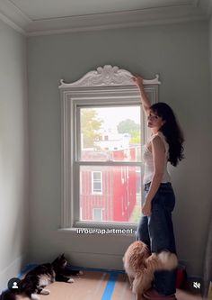 a woman standing in front of a window with two dogs on the floor next to her