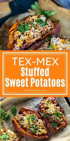 tex - mex stuffed sweet potatoes with shredded cheese and cilantro on top