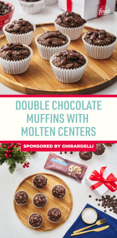 chocolate muffins on a wooden platter with red ribbon