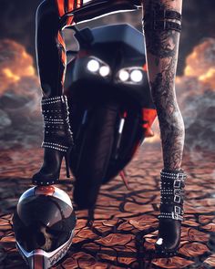 a woman with tattoos on her legs and leggings standing next to a motorcycle