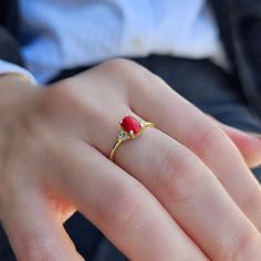 💎Discover the perfect balance of elegance and simplicity with our Minimalist Coral & Diamond Gold Ring. Crafted in solid 14K gold, this stunning red gemstone ring is ideal for daily wear. The natural coral adds a unique touch to this piece, making it a thoughtful gift for your best friend. Stand out with this timeless and chic gold ring. 💎We can make our product on the list in the colored stones you want. Feel free to send us a message so we can check. 💎 F E A T U R E S ▸ Made to Order ▸ Cust Modern 14k Gold Red Rings, Classic Red Open Ring Birthstone, Minimalist Red Open Ring, Minimalist Red Birthstone Ring For Anniversary, Red Minimalist Birthstone Ring For Anniversary, Minimalist Red Birthstone Promise Ring, Minimalist Red Promise Ring, Red Minimalist Promise Ring, Minimalist Ruby Ring For Formal Occasions