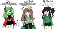 three cartoon girls with different hair styles and their name written in spanish, the other one is