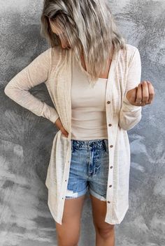 Comfy Beige Solid Color Open-Front Buttons Cardigan Chic Vibes, Longline Cardigan, Mini Robes, Button Front Cardigan, Beige Cardigan, Cardigan Long, Lightweight Cardigan, Printed Cardigan, Button Cardigan