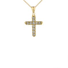 10k Yellow Gold Mini Elegant Diamond Cross Pendant Necklace Item No.: 2647.Q Metal Type: 10k Solid Gold (Also Available In 14k Solid Gold) Metal Color: Yellow Gold (Available In Rose Gold And White Gold) Height W/Bail: .50" In. Width: 0.25" In. Depth: 0.05" In. Diamond: Number Of Diamonds: 11 Carat Weight: 0.02ct Clarity: Si1-Si2 Pendant Weight: 0.40 Grams Pendant W/Chain: 1.40 Grams Chain Available In 16", 18", 20", 22" Made In Usa. Please Allow 10-15 Days To Be Shipped. Gold Cross Necklace With Prong Setting, Gold Necklace With Cross Pendant In Prong Setting, Classic Yellow Gold Diamond Cross Pendant Necklace, Classic Yellow Gold Cross Diamond Necklace, Mini Cross, Diamond Cross Pendants, Diamond Cross, Special Jewelry, Cross Jewelry