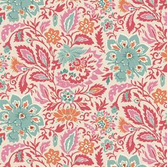 an old fashioned wallpaper with colorful flowers and leaves on white background, in shades of pink