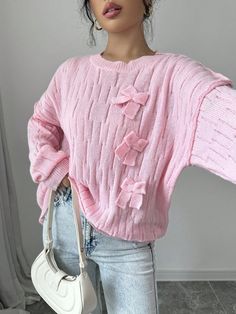 Casual Solid Color Sweater With Bow Decor, Autumn/Winter Pink Casual  Long Sleeve Knitwear Plain Pullovers High Stretch  Women Clothing, size features are:Bust: ,Length: ,Sleeve Length: Punk Woman, Solid Color Sweater, Color Sweater, Bow Decor, Sleepwear Sets, Womens Tights, Kids Sleepwear, Inspiration Mode, Fitted Sweater