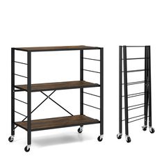 two metal and wood shelvings on wheels, one is black and the other is brown