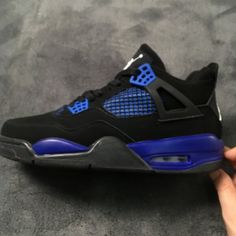 Jordan 4 retro black blue size 8 Casual Shoes Women Sneakers, Nike Shoes Women Fashion, Nike Air Jordan Shoes, Jordan 4s, Jordan Shoes Retro, All Nike Shoes