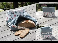 bread in a bag sitting on top of a wooden table next to two slices of bread