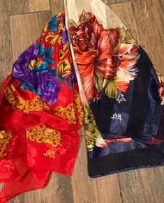 "2 beautiful HALA brand scarves.  The blue one has stripes and florals on it. It measures 38\" x 40\".  The red one is floral and measures 42\" square." Red Floral Print Silk Scarf For Spring, Red Floral Print Silk Scarf For Summer, Red One-size Scarf For Spring, Red One Size Scarf For Spring, Spring Floral Print Silk Scarf, Red Floral Print Silk Shawl, Lawman Jeans, Branded Scarves, Hooded Scarf