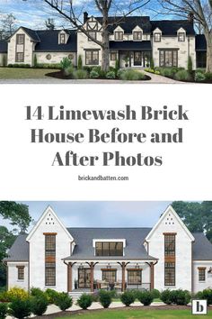 the before and after shots of a house in front of a tree with text overlay that reads, 4 linewash brick house before and after photos