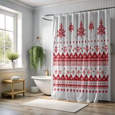 a red and white christmas themed shower curtain hanging in a bathroom next to a bathtub