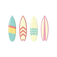 five surfboards lined up in a row on a white background, one is pink, the other blue and yellow