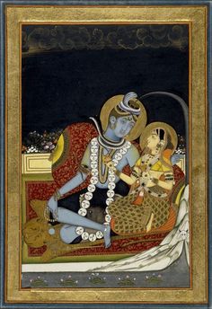 6. Siva and Parvati on a Terrace [18th century] ... Skull Garland, Rustic Boy Names, Shiv Shankar, Matted Hair, Tiger Skin, Ancient India, Indian Paintings, A Skull