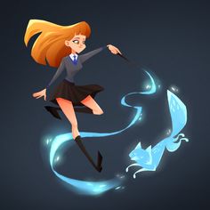 a cartoon girl flying through the air with an umbrella in her hand while wearing a suit and tie