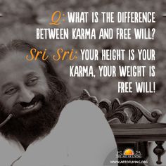 a man with a beard sitting on top of a bench next to a fence and text that reads q what is the difference between karma and free will sri sri your height