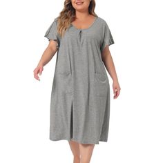 Made of soft and comfortable fabric, this long nightgown is suitable for family pajama parties, everyday, out shopping, midnight and more. The ruffle sleeved design has an elegant feel, a comfortable loose fit and convenient front pockets. It can also be given as a gift to your girlfriend, friend, daughter or mother. Designed specifically for plus size women and designed to provide comfortable clothing for plus size girls and hope to provide you with a good shopping experience. Solid Color Relaxed Fit Dresses For Loungewear, Relaxed Fit Solid Color Loungewear Dress, Summer Nightgown With Relaxed Fit For Overnight, Summer Nightgown With Relaxed Fit, Relaxed Fit Nightgown For Summer Nights, Relaxed Fit Nightgown For Summer, Comfortable Summer Nightgown For Overnight, Comfortable Short Sleeve Nightgown, Comfortable Spring Nightgown For Overnight