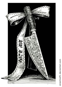 a drawing of a knife with a ribbon tied around it's neck and the words,