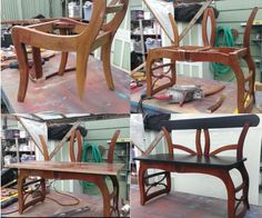 four pictures of different wooden chairs in various stages of being made with woodworking tools