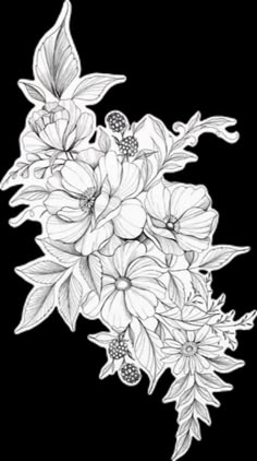 a bouquet of flowers with leaves and berries on the stems is drawn by hand in pencil