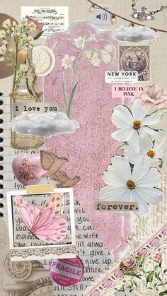 an altered collage with flowers and pictures on it's side, including the words i love you