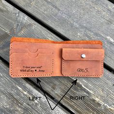 Personalized Wallet. Engraved Leather Wallet. Custom Slim Bifold Minimalist Wallet for Men. One Year Anniversary Gifts for Boyfriend STYLISH, SPACIOUS, SAFE and SENTIMENTAL.  Add initials, favorite catchphrase, quote or inside Joke to make it extra unique and special!  Personalized Leather Wallets, Gift for Fathers day l Him l Dad l Boyfriend l Anniversary l Engraving Initials & Quotes FREE SHIPPING TO WORLDWIDE! For you: - high-quality Crazy Horse genuine leather - 3 spacious compartments for bank cards or documents - coin pocket with secure snap closure - large compartment for cash - small dimensions 3.5″ by 4.3″ ( 9 x 11 cm) This leather wallet engraved is surprisingly compact and roomy. If you like classics - a brown men's leather wallet with coin pocket  is for you. It is handmade fro Father's Day Bifold Wallet With Card Slots, Bifold Wallet With Engraved Logo As Gift, Father's Day Bifold Wallet, Engraved Bifold Wallet As Gift, Personalized Bifold Wallet For Daily Use, Engraved Bifold Wallets As Gifts, Engraved Bifold Wallets For Gift, Leather Wallets With Engraved Logo Gift, Father's Day Wallets With Coin Pocket