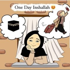 a woman sitting at a table in front of a thought bubble that says one day inshallah