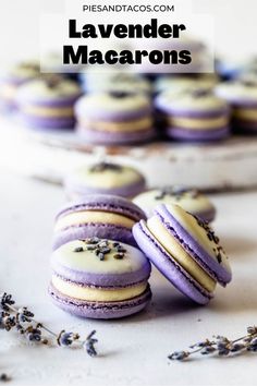 purple and white macaroons with lavender sprinkles next to each other