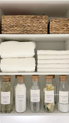 towels, soaps and other items are stored on shelves