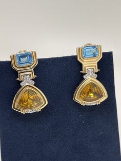 14K Gold Etruscan Citrine Diamonds Blue Topaz Omega Back Earrings 14 Grams Yellow Gold Earrings With Blue Topaz And Gemstone Accents, Yellow Topaz Earrings, Classic Yellow Gold Blue Topaz Earrings, Yellow Gold Blue Topaz Earrings, Faceted Yellow Citrine Earrings, Fine Jewellery Earrings, Blue Topaz, Citrine, Topaz