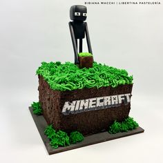 a cake made to look like an image of a minecraft character on top of grass