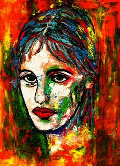 an abstract painting of a woman's face with red, green and blue hair