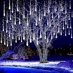 a large tree with lights hanging from it's branches