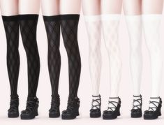 four pairs of women's black and white stockings with laces on them, all wearing high heeled shoes