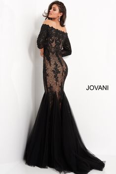 Black Mermaid Wedding Dress, Off Shoulder Mermaid Dress, Black Mermaid Dress, Bridal Reflections, Jovani Gown, Evening Wear Dresses, Beautiful Long Dresses, Black Mermaid, Jovani Dresses