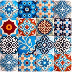 an assortment of colorful tile designs on a white background with blue, orange and red colors