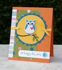 a card with an owl sitting on a branch and the words, happy for you