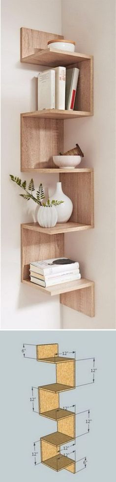 the shelf is made out of wood and has three shelves with different types of books on them