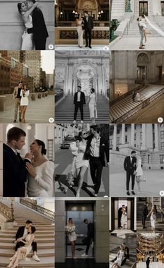 the collage shows many different people posing for pictures in front of stairs and buildings