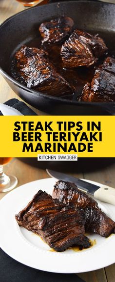 steaks in beer - teriyaki marinade on a white plate