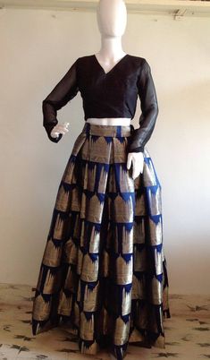 Navy blue brocade box pleat skirt with Taj Mahal designCustom colors available Box Pleat Dress Gowns, Box Pleat Skirt Outfit, Taj Mahal Design, Tailoring Ideas, Pattern Practice, Box Pleat Dress, Twin Quotes, Crop Top Design, Knife Pleated Skirt