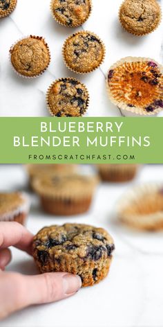 blueberry blender muffins are being held up in front of the muffins