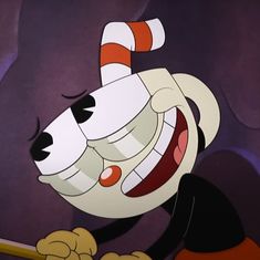 a cartoon character holding a stick with his mouth wide open and tongue out in front of him