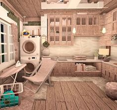 Aesthetic Bloxburg Laundry Room, Bloxburg Laundry Room Ideas 2x2, Bloxburg House Ideas 3 Story, Bloxburg Art Room, Bloxburg Summer House Ideas, Bloxburg Laundry Room Ideas, Boho Bloxburg House, Bloxburg Decor, Aesthetic Bloxburg